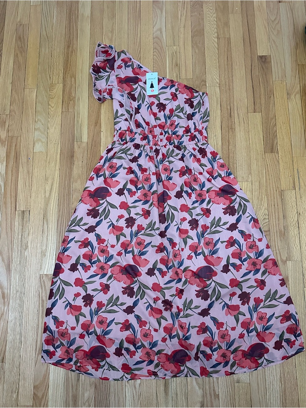 Women’s One-Shoulder Pink Floral Midi Dress with Ruffle Sleeve